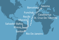 Itinerariu Croaziera Transatlantic Savona spre Santos - Costa Cruises - Costa Pacifica - 18 nopti
