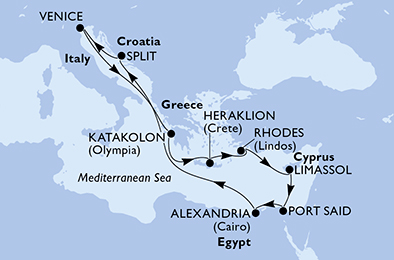 Itinerariu Croaziera Mediterana de Est - MSC Cruises - MSC Lirica - 11 nopti