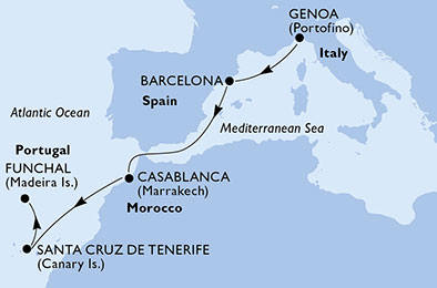 Itinerariu Croaziera Mediterana de Vest & Maroc - MSC Cruises - MSC Poesia - 6 nopti