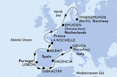 Itinerariu Croaziera Repozitionare Warnemunde spre Genova - MSC Cruises - MSC Poesia - 12 nopti