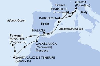 Itinerariu Croaziera Mediterana de Vest & Oc.Atlantic - MSC Cruises - MSC Poesia - 11 nopti