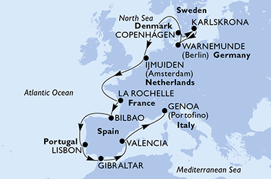 Itinerariu Croaziera Repozitionare Copenhaga spre Genova - MSC Cruises - MSC Poesia - 14 nopti