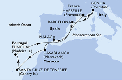 Itinerariu Croaziera Mediterana de Vest & Oc.Atlantic - MSC Cruises - MSC Poesia - 11 nopti