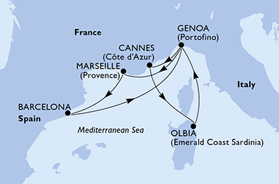 Itinerariu Croaziera Mediterana de Vest - MSC Cruises - MSC Sinfonia - 8 nopti