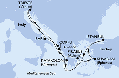 Itinerariu Croaziera Mediterana de Est - MSC Cruises - MSC Splendida - 9 nopti