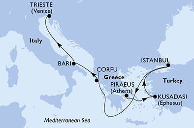 Itinerariu Croaziera Mediterana de Est - MSC Cruises - MSC Splendida - 6 nopti