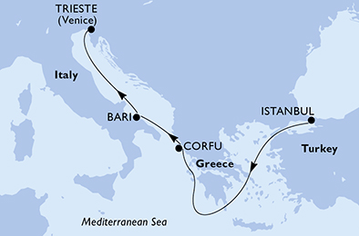 Itinerariu Croaziera Mediterana de Est - MSC Cruises - MSC Splendida - 4 nopti