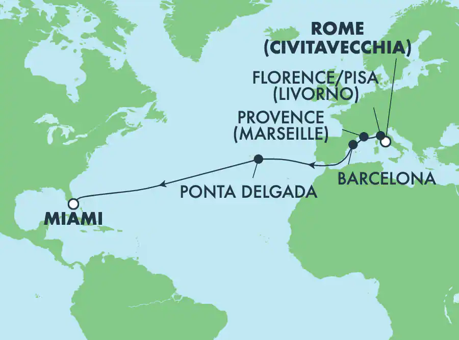 Itinerariu Croaziera Transatlantic Roma spre Miami - Norwegian Cruise Line - Norwegian Getaway - 15 nopti