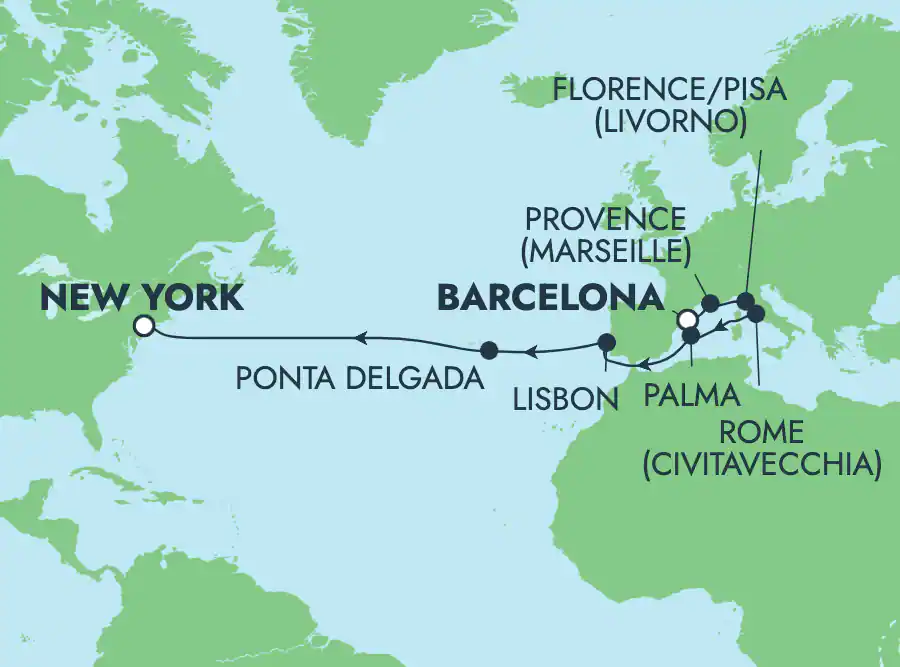 Itinerariu Croaziera Transatlantic Barcelona spre New York - Norwegian Cruise Line - Norwegian Breakaway - 15 nopti