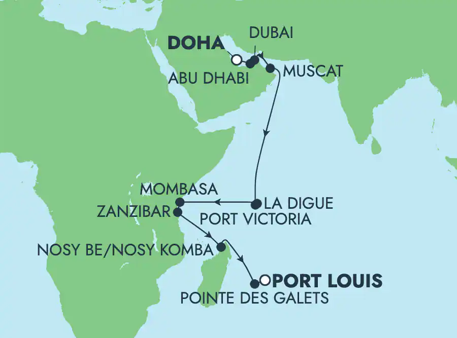 Itinerariu Croaziera Repozitionare Doha spre Port Louis - Norwegian Cruise Line - Norwegian Dawn - 17 nopti