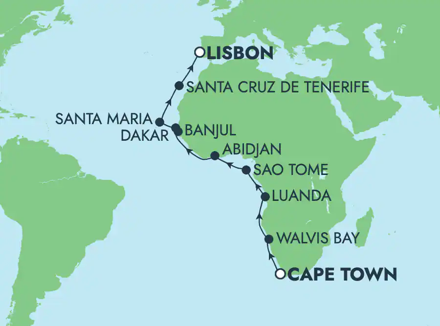 Itinerariu Croaziera Repozitionare Cape Town spre Lisabona - Norwegian Cruise Line - Norwegian Dawn - 18 nopti