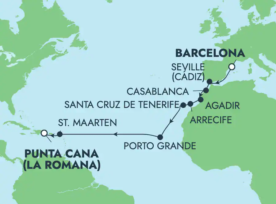 Itinerariu Croaziera Transatlantic Barcelona spre Punta Cana - Norwegian Cruise Line - Norwegian Sky - 16 nopti