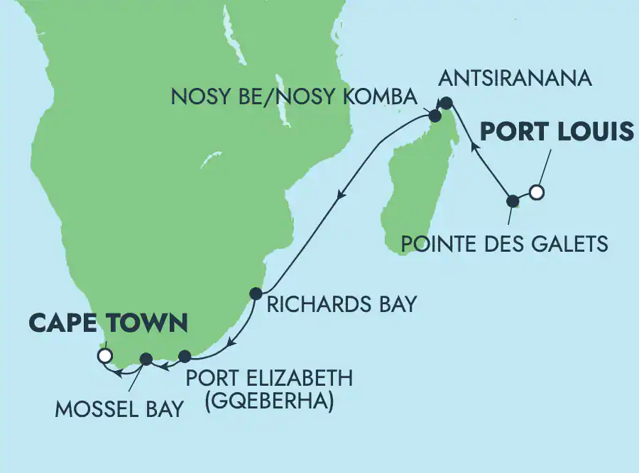 Itinerariu Croaziera Repozitionare Port Louis spre Cape Town - Norwegian Cruise Line - Norwegian Sky - 11 nopti