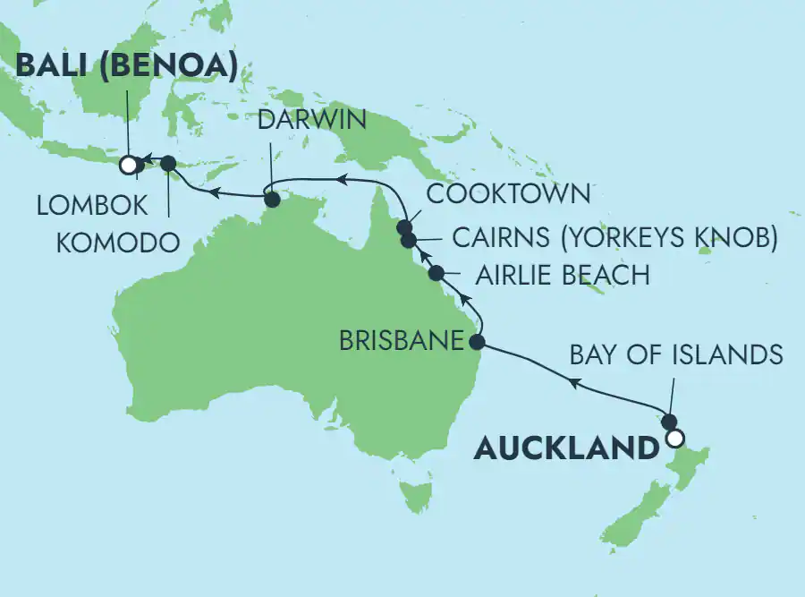 Itinerariu Croaziera Repozitionare Auckland spre Bali - Norwegian Cruise Line - Norwegian Sun - 16 nopti